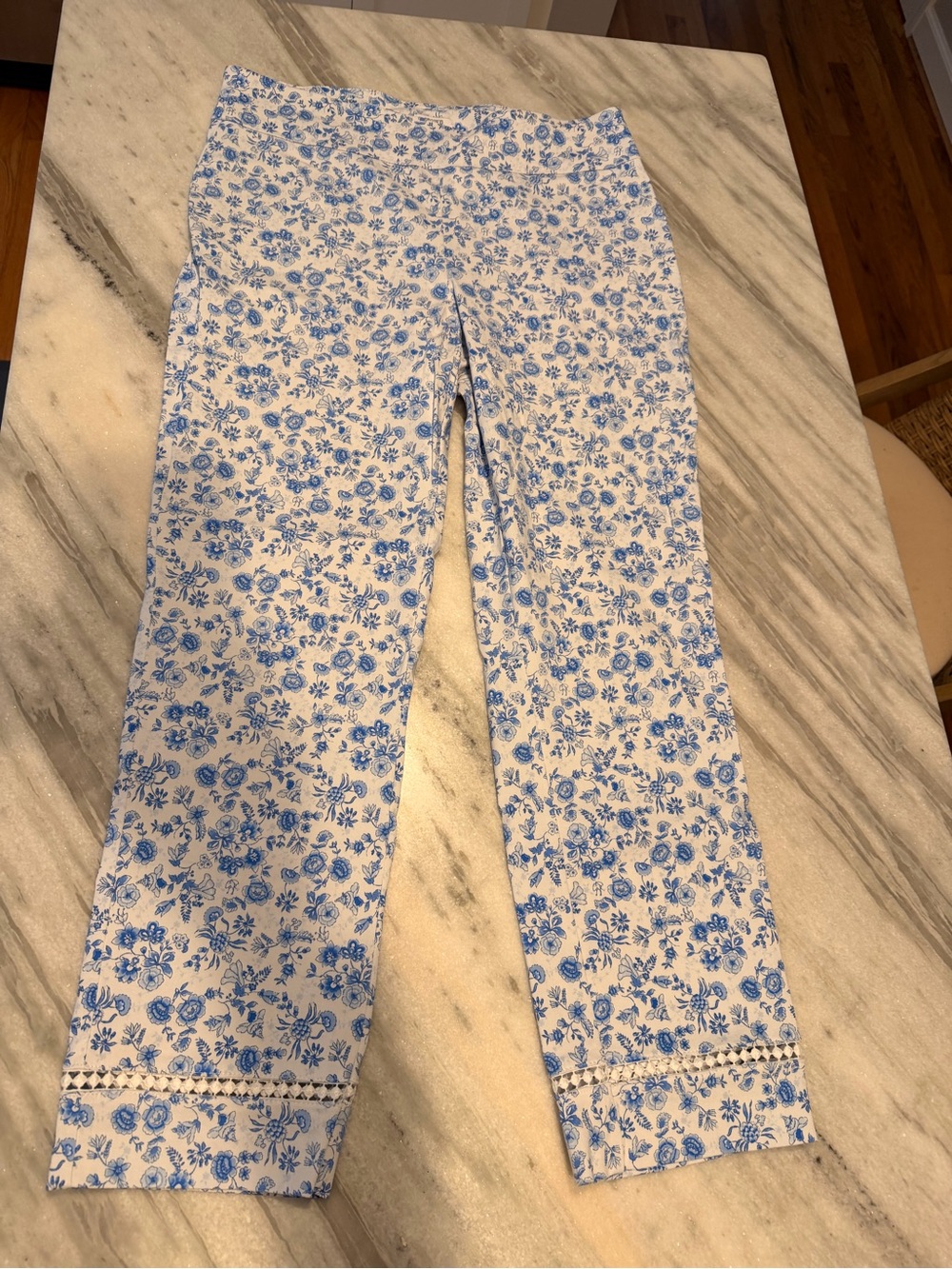 crown & ivy Floral Print Blue and White Stretch Pants with embroidered detail